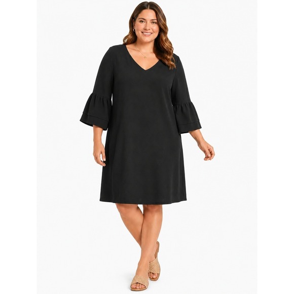 Belongsci Dresses & Skirts - Belongsci Shift Dress Womens LG Black Crepe‎ V-Neck Ruffle Bell Sleeve Solid New